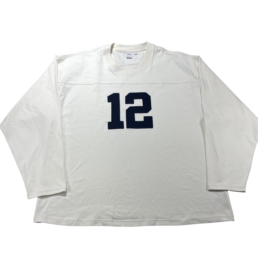 TNA Aritzia Shirt Womens Large White Varsity Jersey 12 Long Sleeve Crew Neck